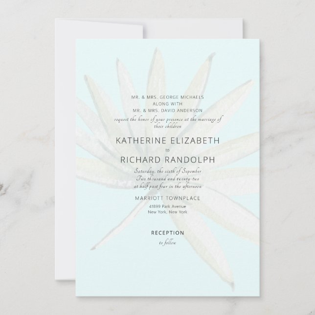 Invitation Tropical Frond Ice Blue Les deux parents Mariage (Devant)