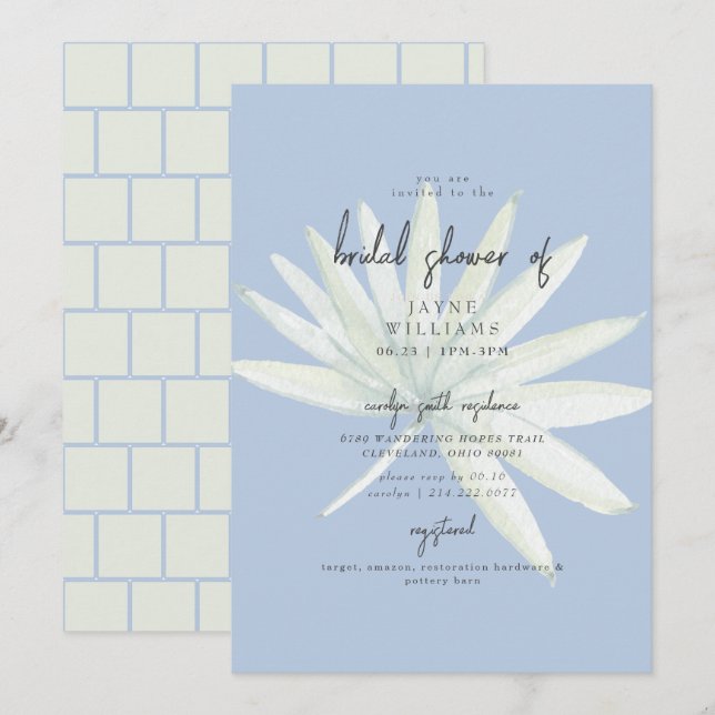 Invitation Tropical Frond Mint & Fête des mariées Bleue (Devant / Derrière)