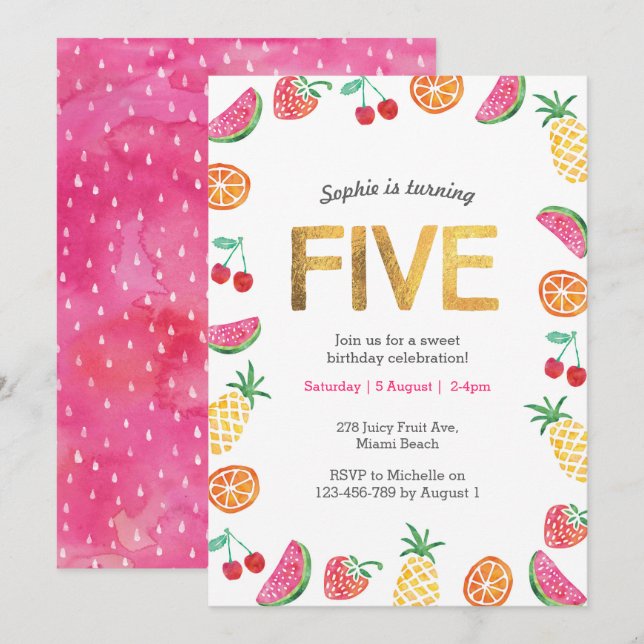 Invitation Tropical fruité Pink Gold 5e anniversaire Invitati (Devant / Derrière)