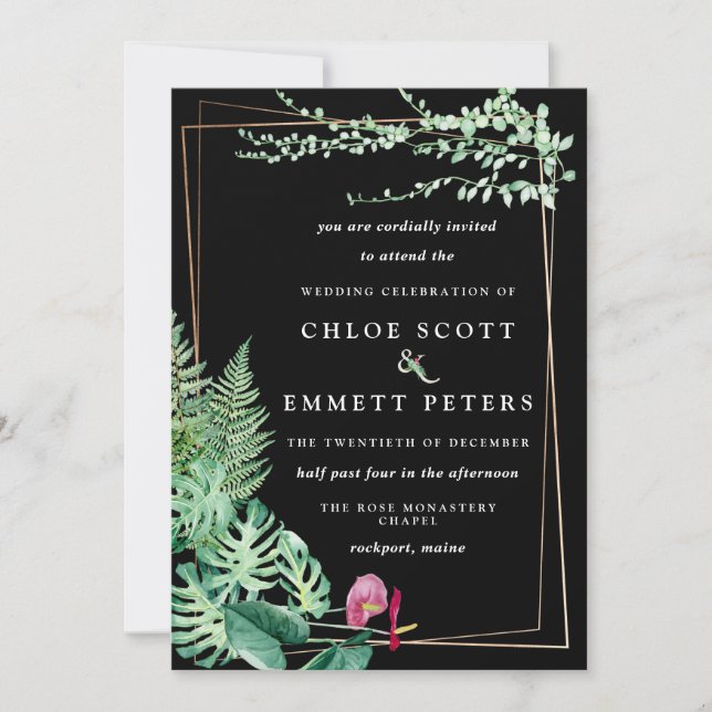 Invitation Tropical Gold Cadre géométrique Noir Blanc Mariage (Devant)