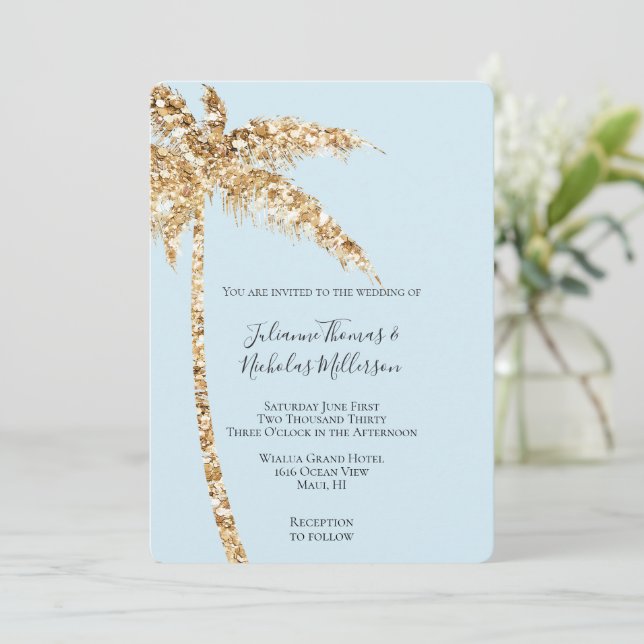 Invitation Tropical Gold Glitzy Parties scintillant Palm Tree (Debout devant)