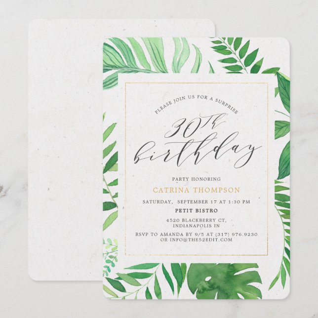 Invitation Tropical Gold Green 30th Surprise Birthday Party (Devant / Derrière)