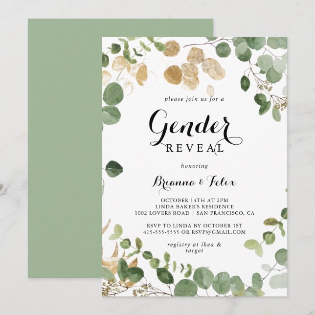 Invitation Tropical Gold Green Foliage Parti de révélation de (Devant / Derrière)