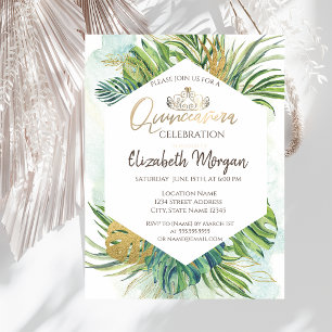 Invitation Tropical Gold Palm Leaves Été Quinceañera