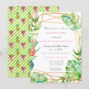 Invitation Tropical Gold Poligonal Frame Flamant rose Stripe