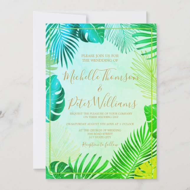 Invitation tropical gold watercolor wedding (Devant)