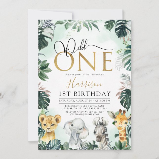 Invitation Tropical Gold Wild One Jungle Safari 1er anniversa (Devant)