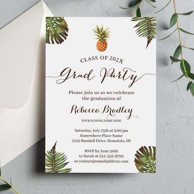Invitation Tropical Graduation Party Luau Feuille ananas (Créateur téléchargé)