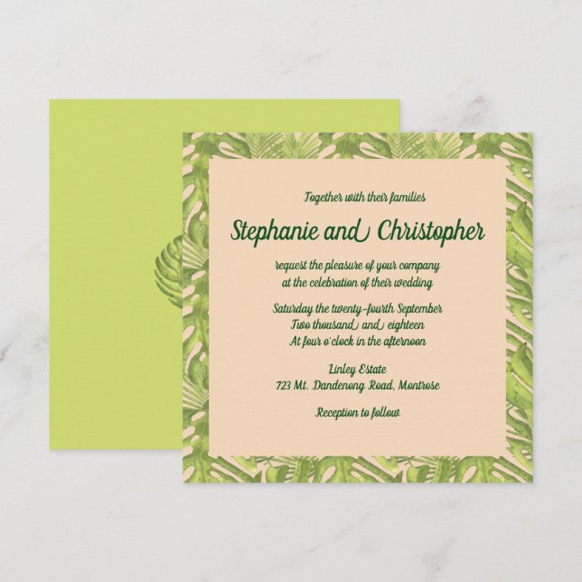 Invitation Tropical Green et Blush Mariage (Devant / Derrière)