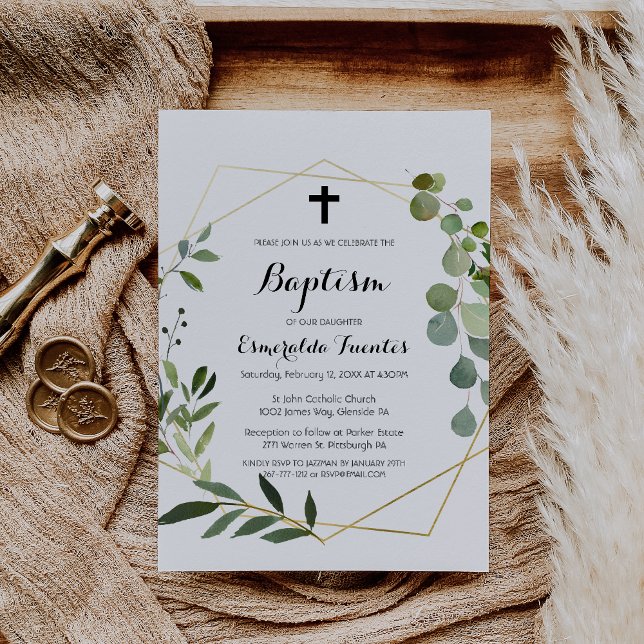 Invitation Tropical Green Feuilles Cross Baptême (Créateur téléchargé)