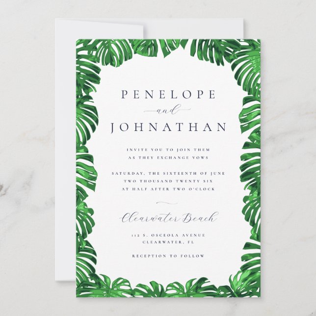 Invitation Tropical Green Palm Feuille Mariage moderne (Devant)
