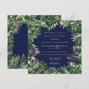 Invitation Tropical Green Palm Leaf Frame bleu Nav Sepia Gold