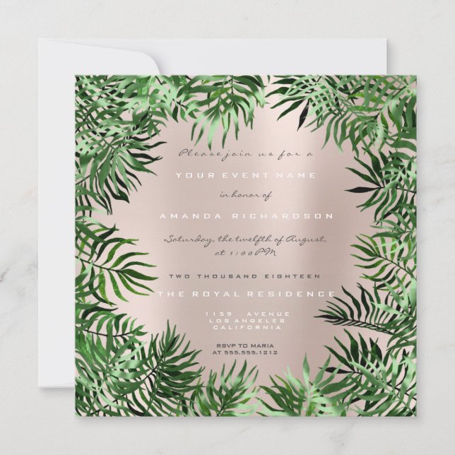 Invitation Tropical Green Palm Leaf Frame Pastel Metal Rose (Devant)