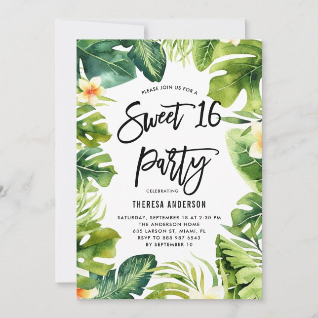 Invitation Tropical Greenery and Plumeria Sweet 16 Party (Devant)