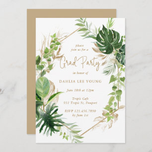Invitation Tropical Greenery Gold Geometry Graduation Party