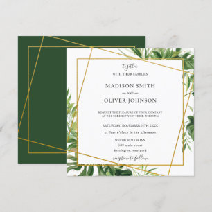 Invitation Tropical Greenery Mariage géométrique Leafy Gold