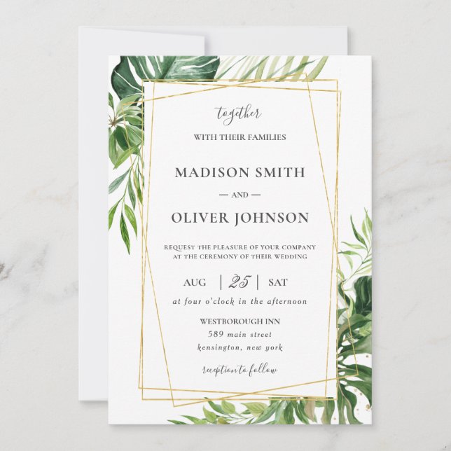 Invitation Tropical Greenery Mariage géométrique Leafy Gold (Devant)