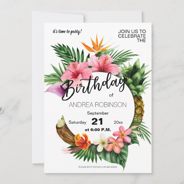 Invitation Tropical Hawaiian Floral Anniversaire Party Blanc (Devant)