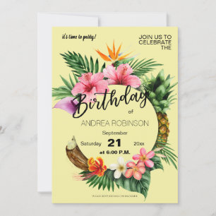 Invitation Tropical Hawaiian Floral fête d'anniversaire Jaune