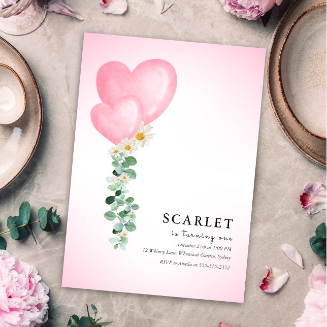 Invitation Tropical hearts balloons simple first birthday   (Créateur téléchargé)
