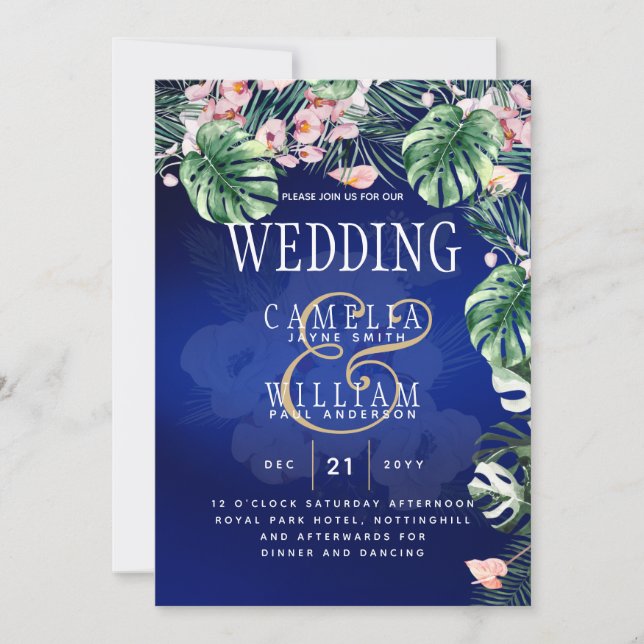 Invitation Tropical Island Royal Blue Flowers Feuille Mariage (Devant)
