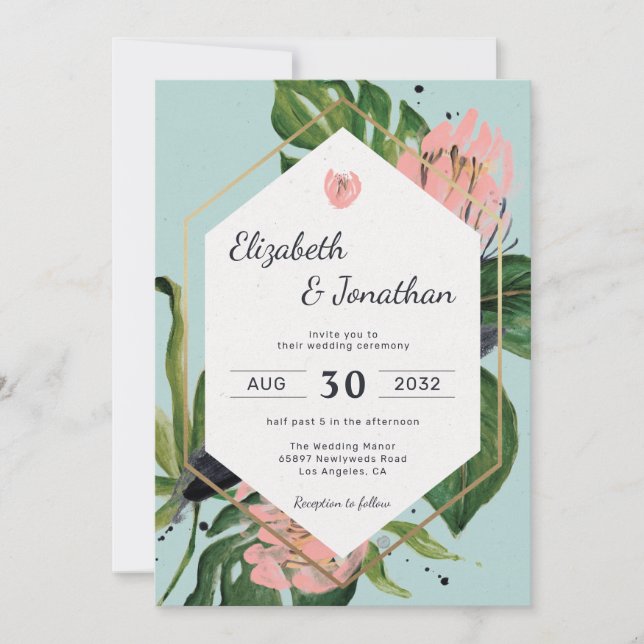Invitation Tropical jungle rose fleur & fleurs feuilles moder (Devant)