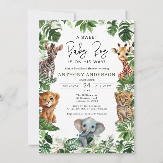 Invitation Tropical Jungle Safari Animaux Baby showers Garçon (Devant)