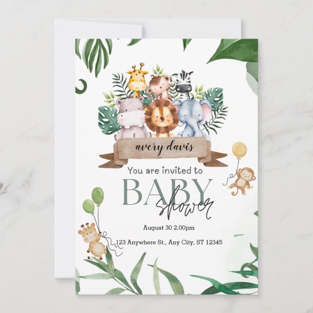 Invitation Tropical Jungle Safari Animaux Garçon Baby shower  (Devant)