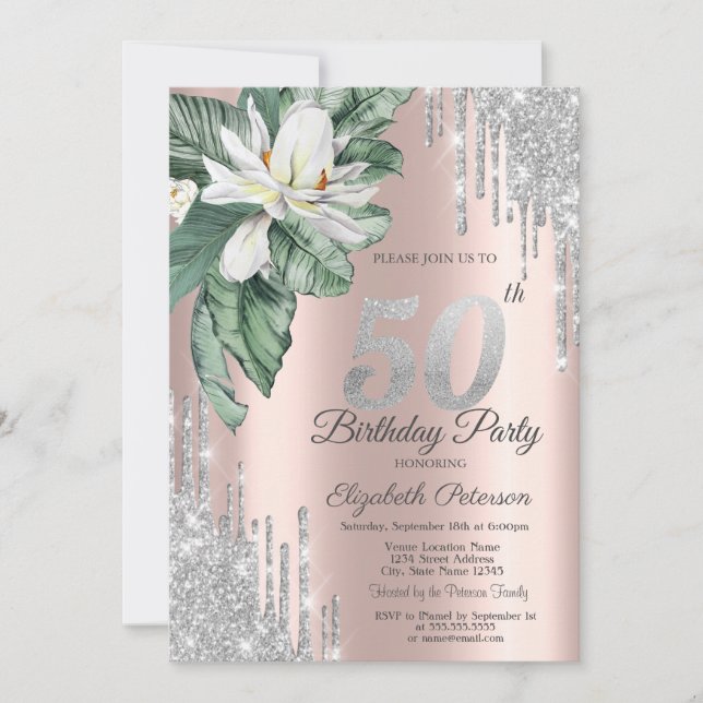 Invitation Tropical Leaf Magnolia Drips Rose Gold 50e (Devant)