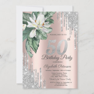 Invitation Tropical Leaf Magnolia Drips Rose Gold 50ème