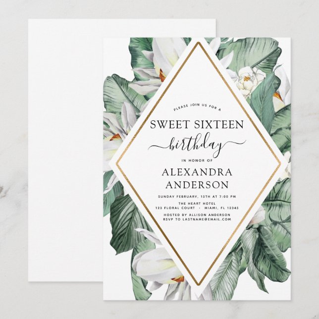 Invitation Tropical Magnolia Sweet sixteen Anniversaire Inv (Devant / Derrière)