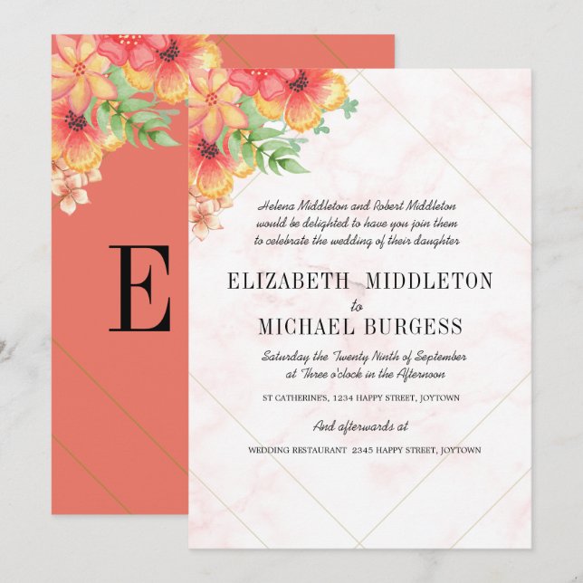 Invitation Tropical Mariage Floral Coral Moderne Chic (Devant / Derrière)