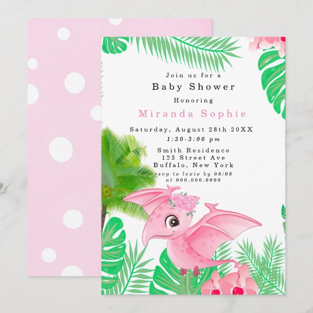 Invitation Tropical mignon rose Dinosaure bébé fille douche (Devant / Derrière)