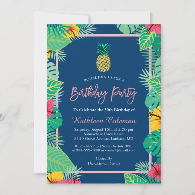 Invitation Tropical Navy Blue Gold Pineappy fête d'anniversai (Devant)