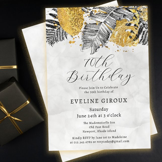 Invitation Tropical Palm Black White Gold 70e anniversaire (Need matching black and gold tropical palm party supplies? Message me!)
