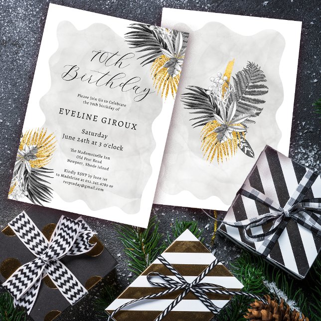 Invitation Tropical Palm Black White Gold 70e anniversaire (Need matching tropical palm welcome signs or party supplies? Message me!)