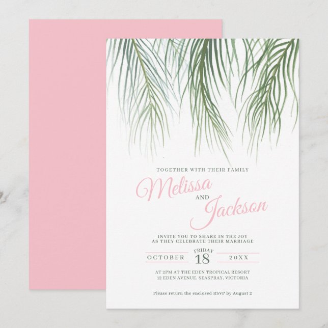 Invitation Tropical palm fronds aquarelle vert rose mariage (Devant / Derrière)