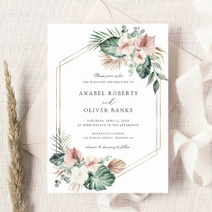 Invitation Tropical Palm Greenery Blush Mariage géométrique