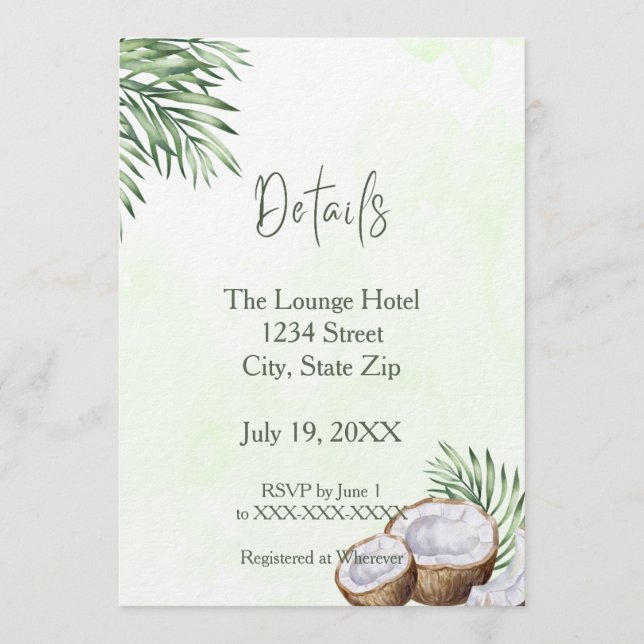 Invitation Tropical Palm Leaf & Coconut Details Card (Devant)