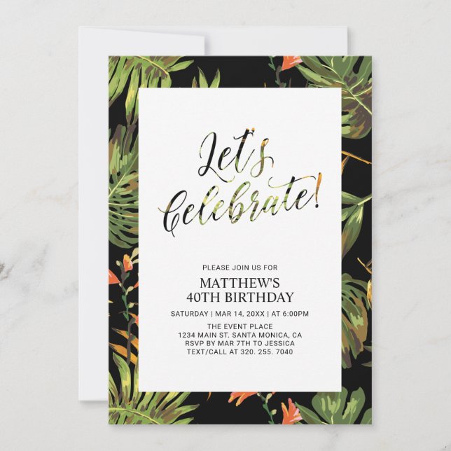 Invitation Tropical Palm Motif Adulte 40e Anniversaire (Devant)