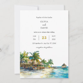 Invitation Tropical Palm Paradise Voyage Sandy Beach Mariage