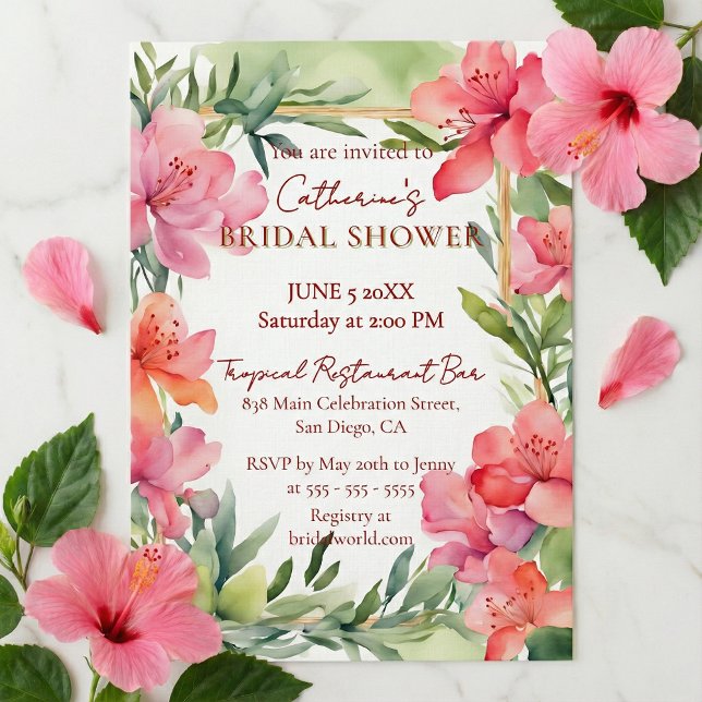 Invitation Tropical Pink Floral Greenery Gold Bridal Shower (Créateur téléchargé)
