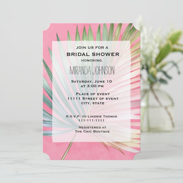 Invitation Tropical Pink Green Leaf douche nuptiale (Debout devant)