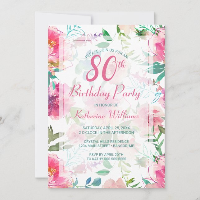 Invitation Tropical Pink Peony Floral 80e fête d'anniversaire (Devant)