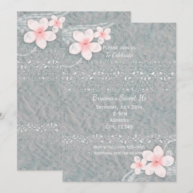Invitation Tropical Plumeria Fleur Grey Rose Summer Party (Devant / Derrière)