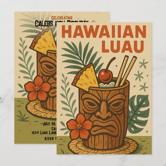 Invitation Tropical Retro Tiki Drink Hawaiian Luau Anniversai (Devant / Derrière)