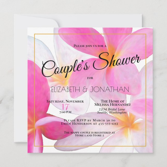 Invitation Tropical Rose Floral Hawaii Beach Couple douche (Devant)