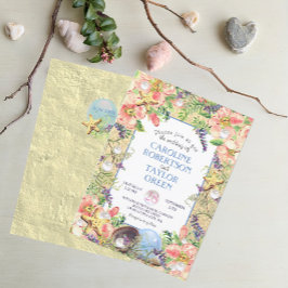 Invitation Tropical Sandy Beach Rose Seashell Pearl Mariage