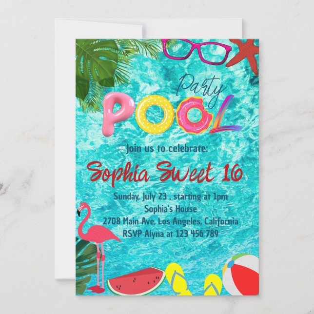 Invitation Tropical Summer Birthday Pool Party (Devant)