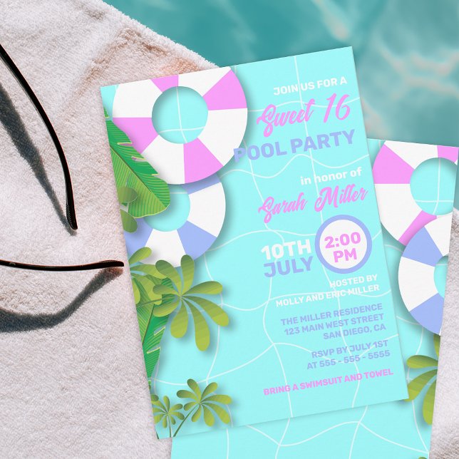 Invitation Tropical Summer Sweet 16 Anniversaire Pool Party (Créateur téléchargé)
